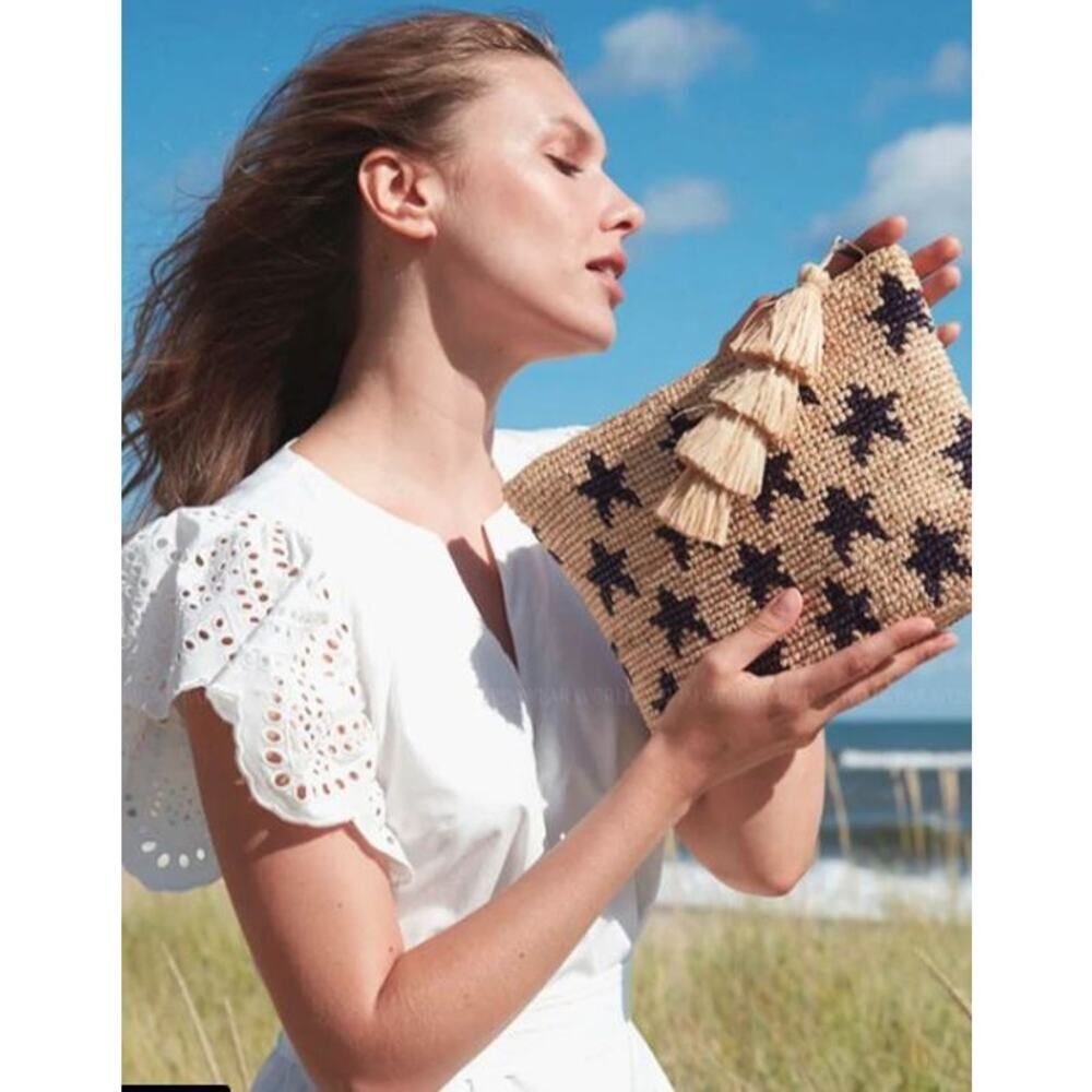 Mar Y Sol Women's Woven Raffia Estrella Clutch Bag NWT 145 navy beige NO TASSEL